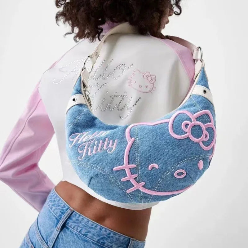 Pink Kitty Half Moon Denim Bag