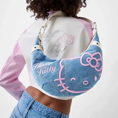 Pink Kitty Half Moon Denim Bag