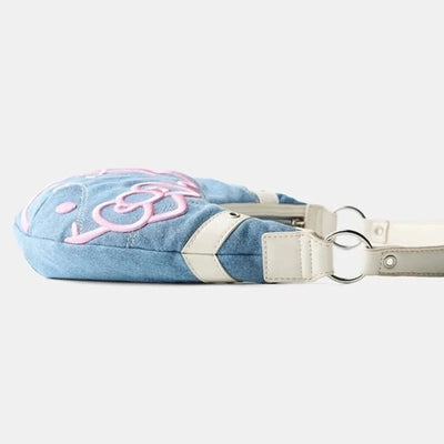 Pink Kitty Half Moon Denim Bag