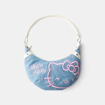 Pink Kitty Half Moon Denim Bag