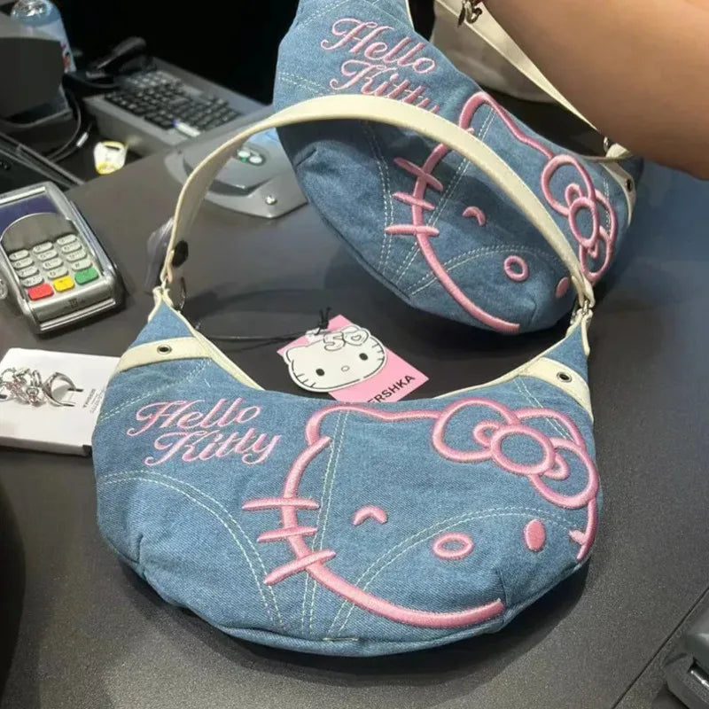 Pink Kitty Half Moon Denim Bag