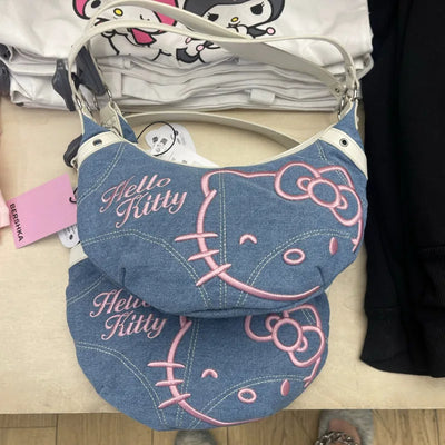 Pink Kitty Half Moon Denim Bag